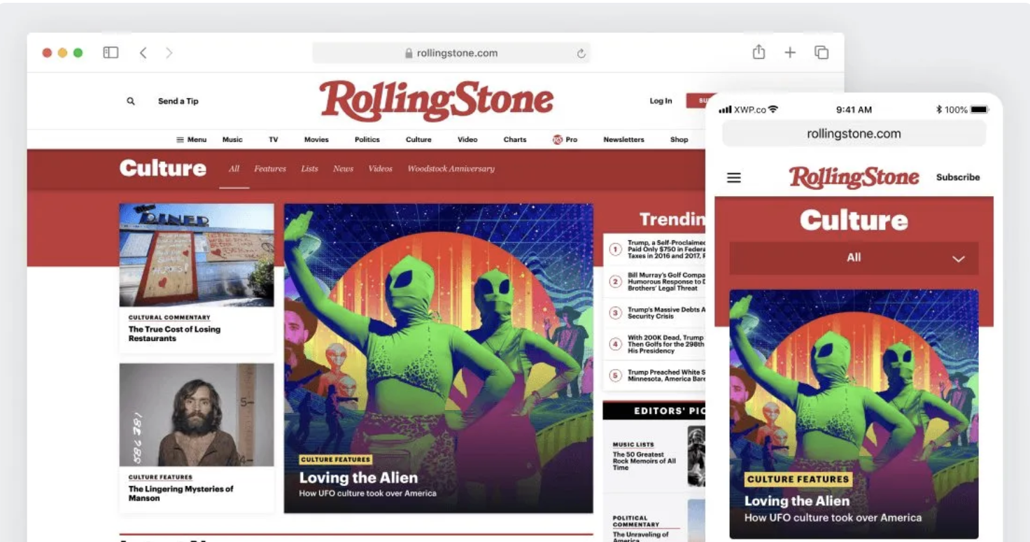 A side-by-side layout showing the Rolling Stone website homepage on desktop and mobile views. The red "Culture" section header is prominent, featuring a main article titled "Loving the Alien: How UFO culture took over America" with a vibrant green and orange illustration of people in alien masks. Smaller columns show trending articles and cultural commentary links.